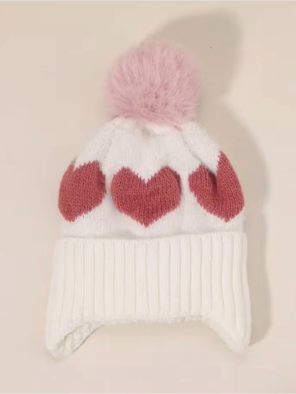 Baby White Knit Beanie with Pink Heart Pattern and Pink Pom Pom (6-12 months)
